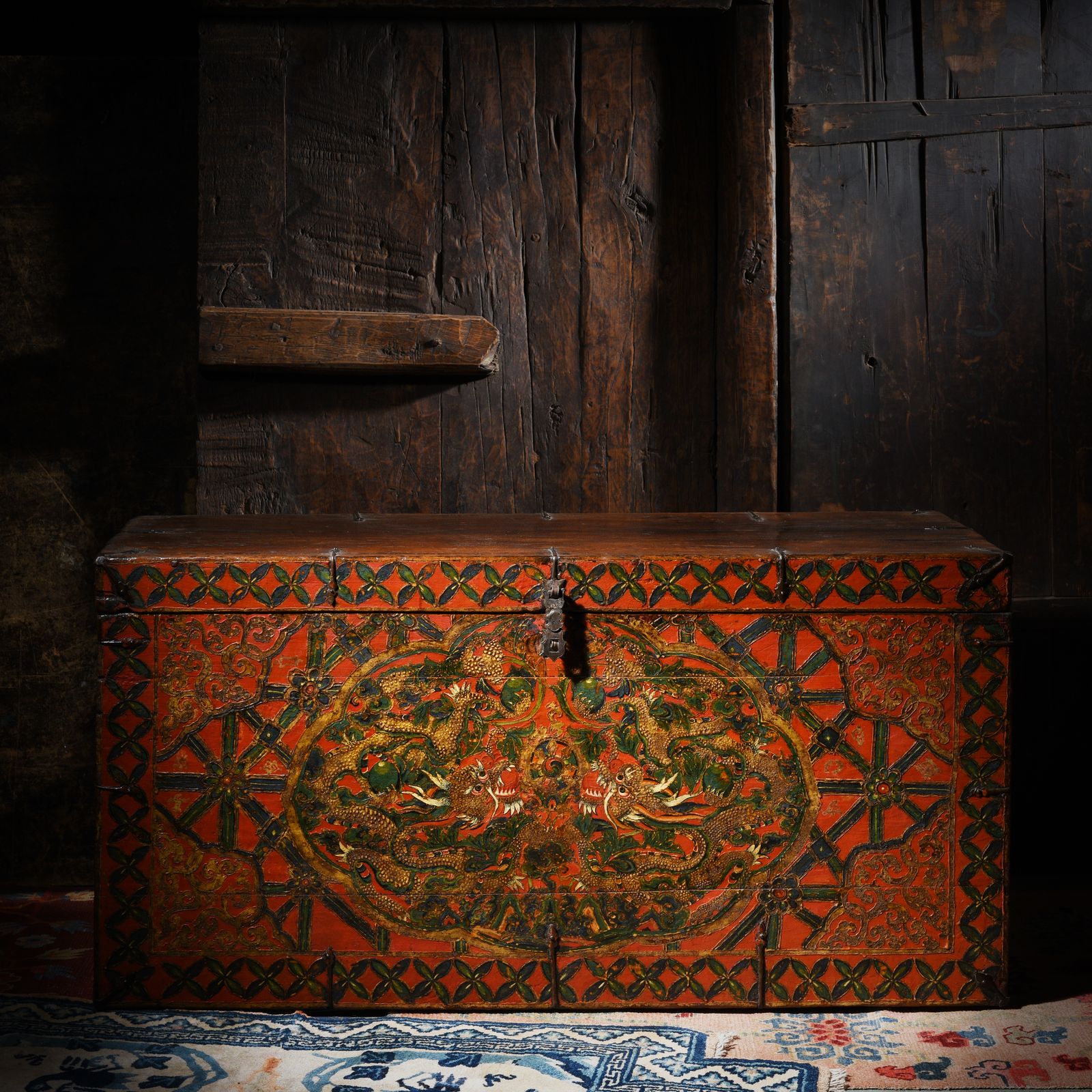 Antique Painted Tibetan 'Double Dragon' Storage Chest 17th Century