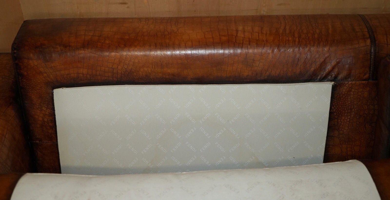 photo buy Rare Equestrian Embossed Fendi Crocodile Alligator Leather Patina Hand Dyed Sofa