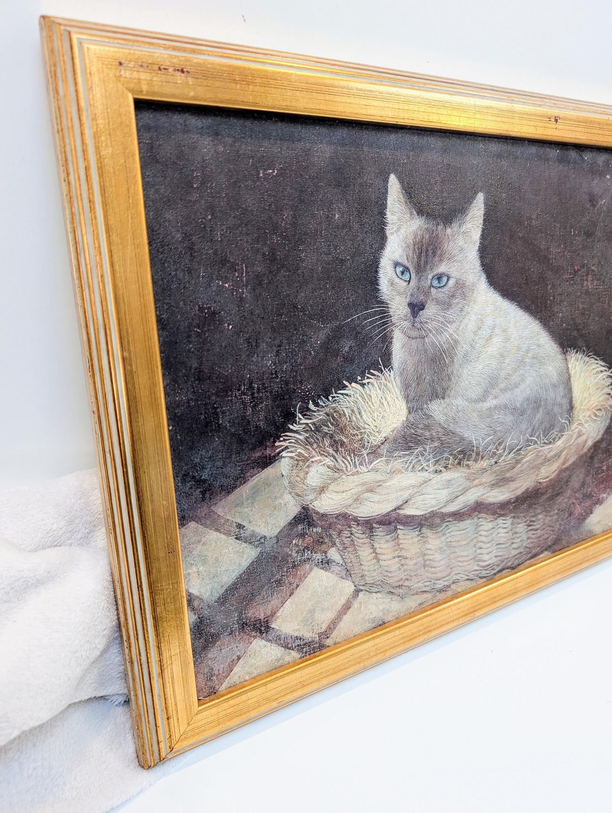 Original Vintage Acrylic On Canvas Painting Unsigned Of A Siamese Cat In Basket photo furniture