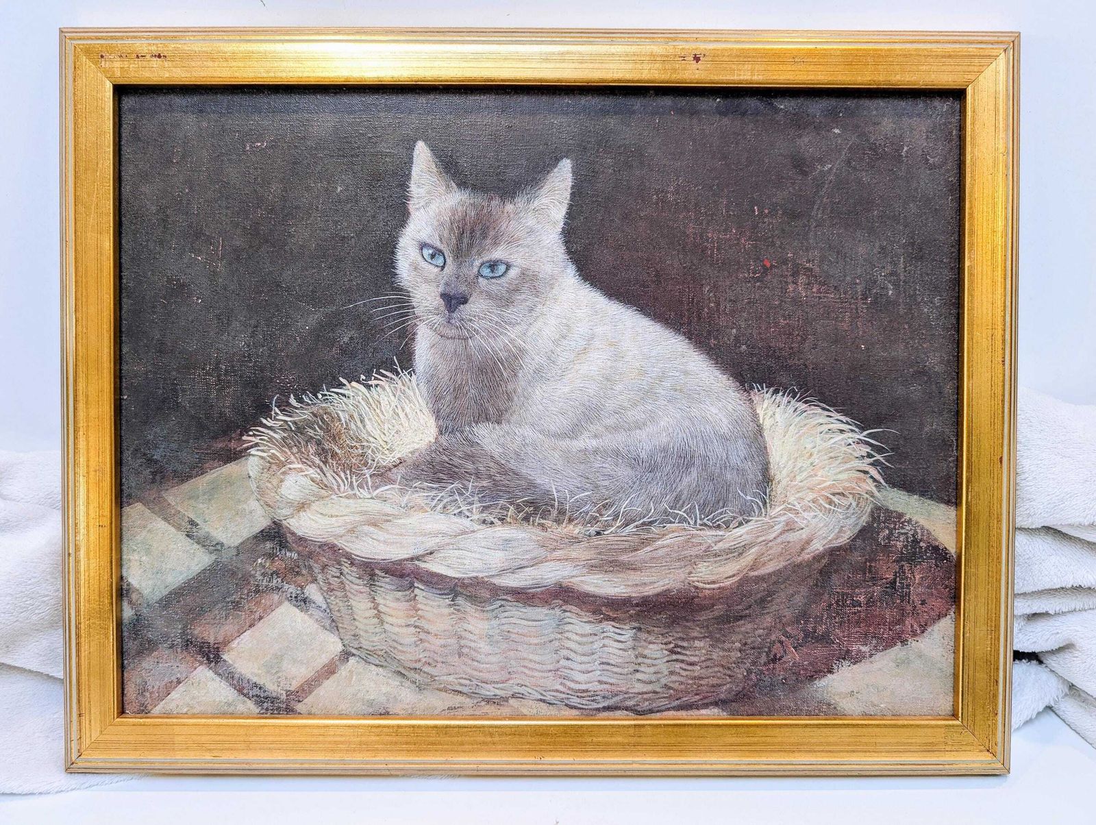 photo for sale Original Vintage Acrylic On Canvas Painting Unsigned Of A Siamese Cat In Basket