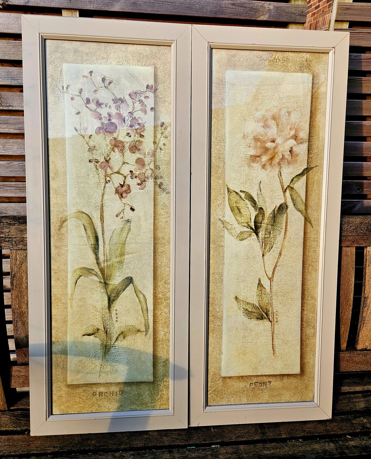 Pair Of Large, Framed Oriental Style Botanical Prints In Neutral Tones photo furniture