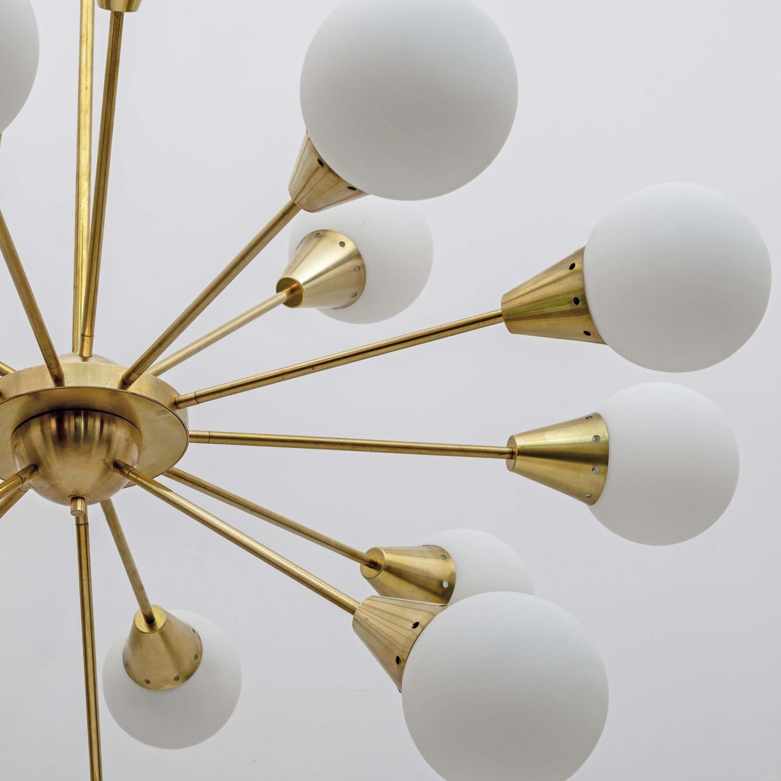 Mid Century Modern Italian Brass And Glass Opaline Large Sputnik Chandelier, 70s photo vinterior
