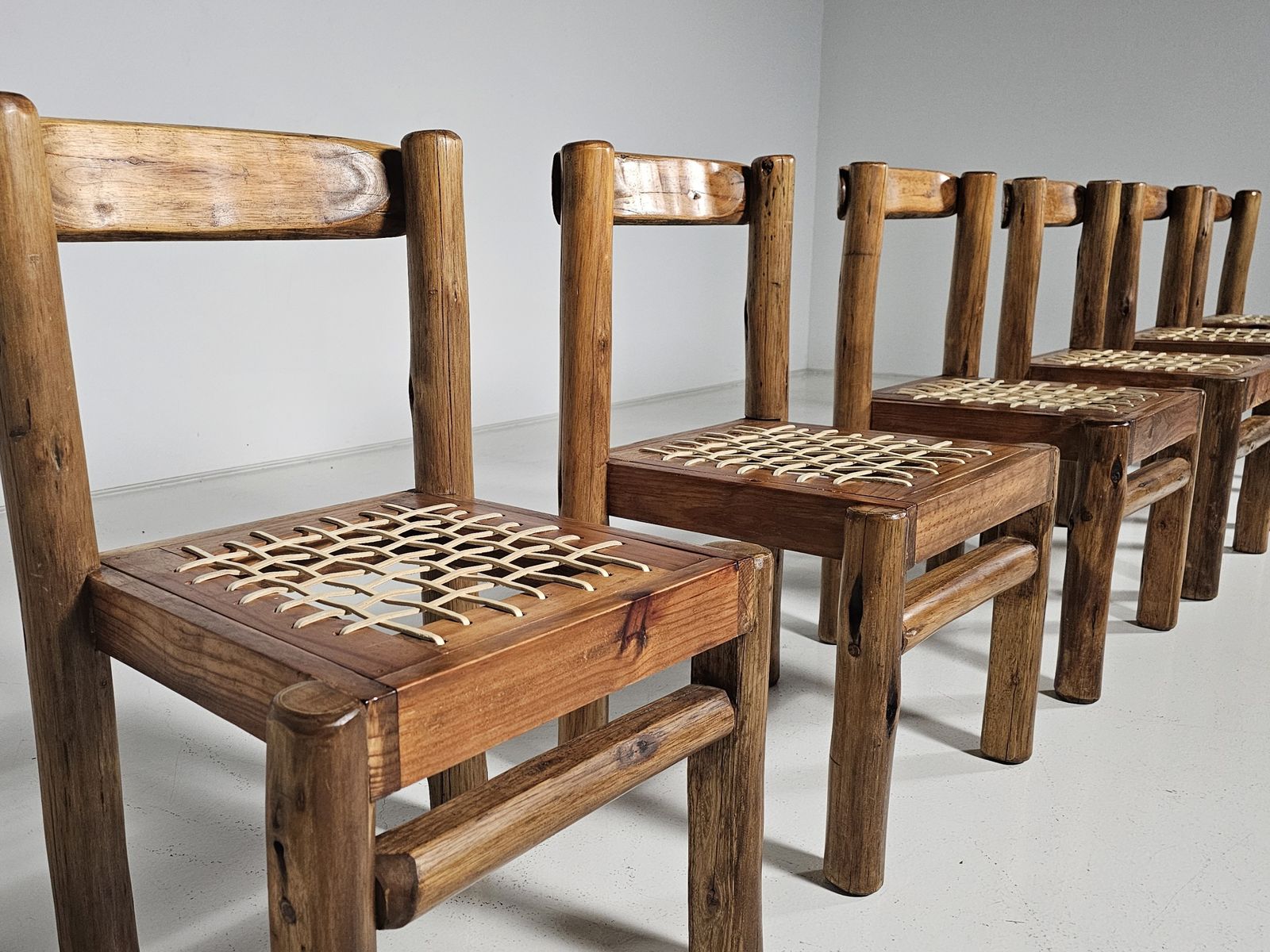 Set Of 6 Solid Pine Wood And Leather Brutalist Dining Chairs, Belgium, 1970s photo vintage