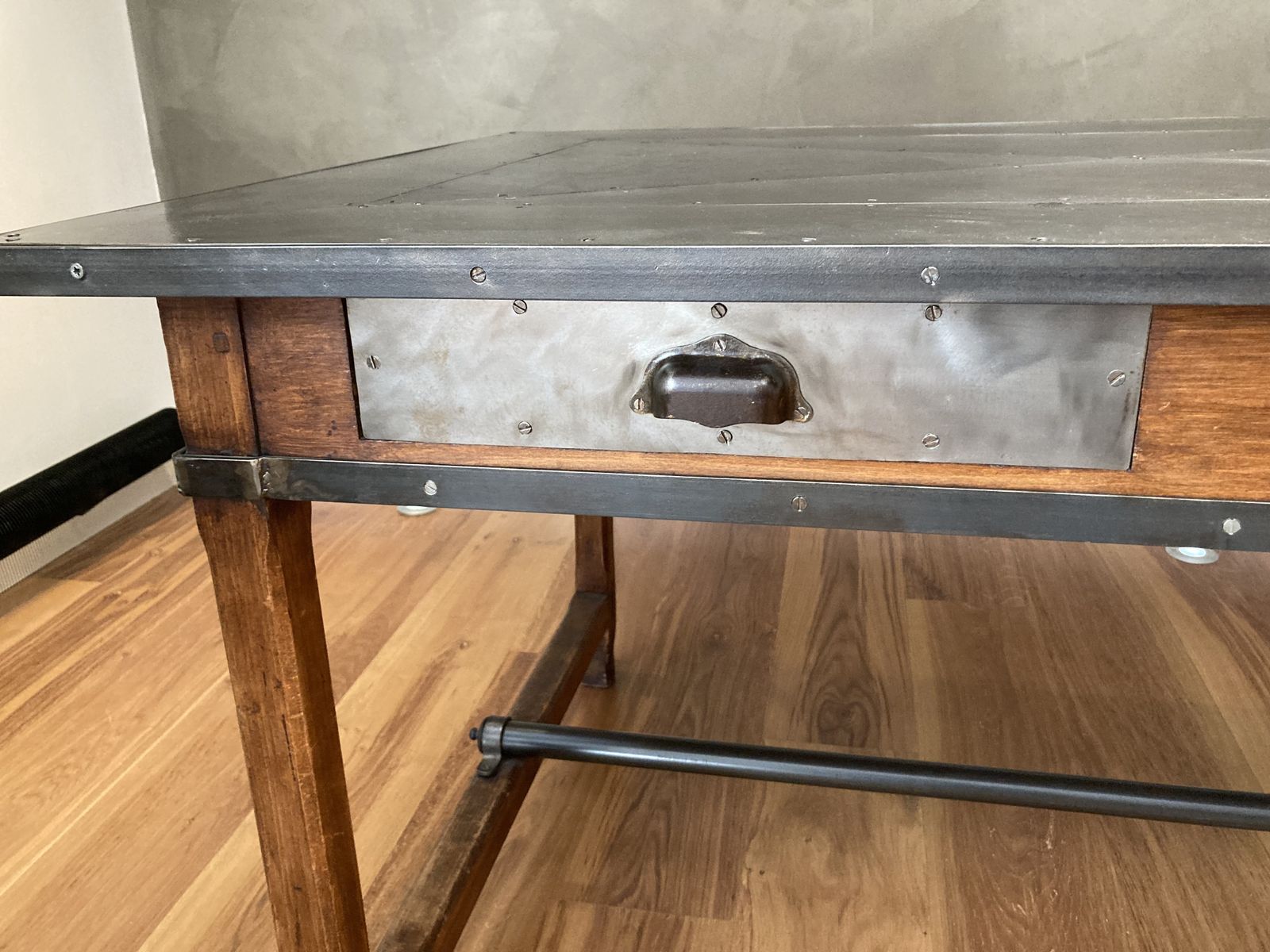 French Vintage Haberdasher’s Table With Decorative Metal Top And Drawers. photo Furniture