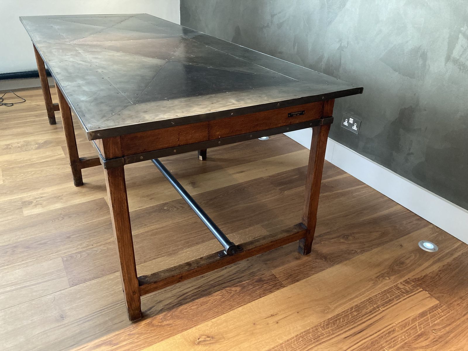 French Vintage Haberdasher’s Table With Decorative Metal Top And Drawers. photo vinterior