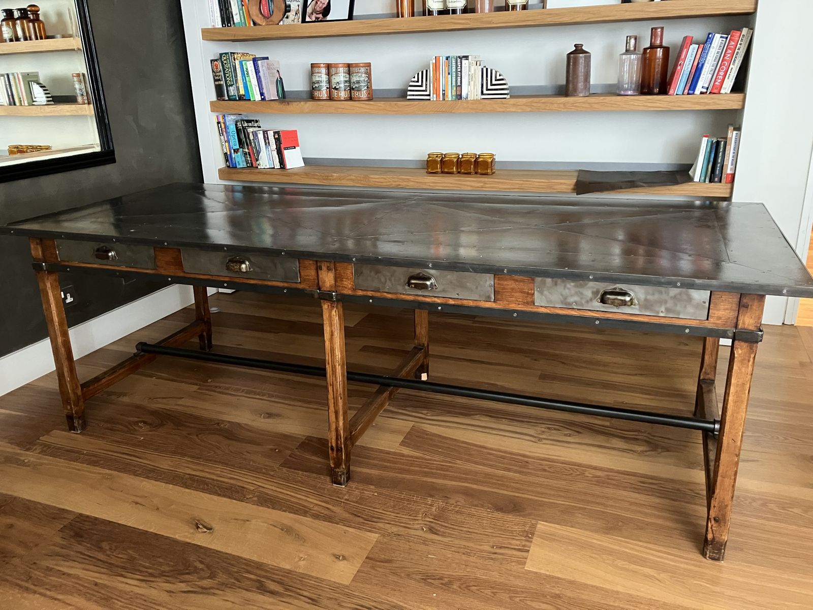 photo for sale French Vintage Haberdasher’s Table With Decorative Metal Top And Drawers.