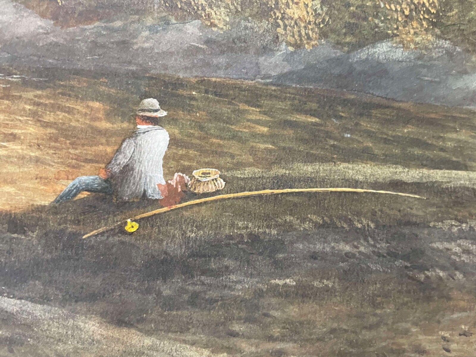 photo vinterior 19th Century John Wallace English River Fishing Scene Oil On Board Painting.