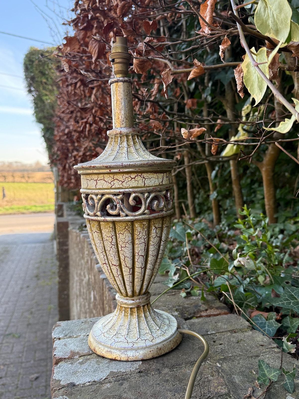 Large Vintage Neo Classical Urn Shaped Lamp In Cream, Gold And Crackle Finish With Reddish Tones   Pat Tested And Working, 48cm Tall photo vinterior