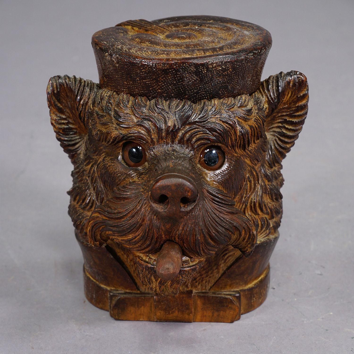 Wooden Carved Black Forest Tobacco Box Terrier Head Ca. 1900 photo furniture