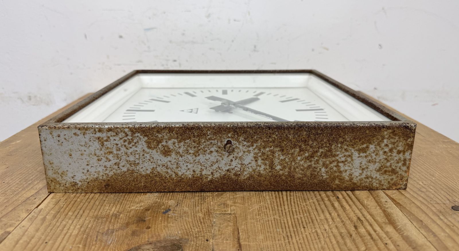 photo furniture Grey Rusty Industrial Square Wall Clock From Pragotron, 1970s