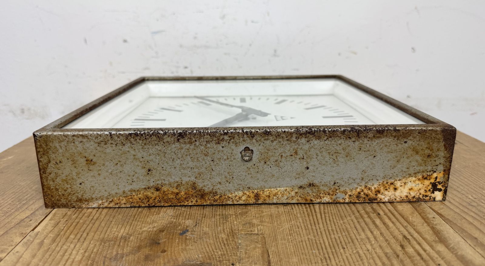 photo for sale Grey Rusty Industrial Square Wall Clock From Pragotron, 1970s