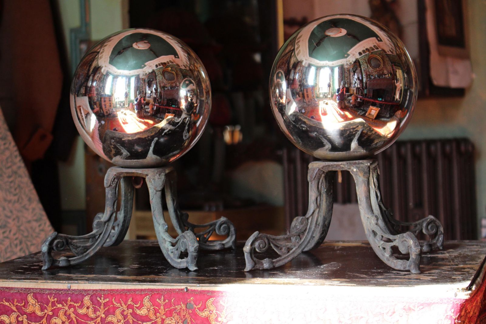 Early 20th Century Pair Of Mirror Witches Balls On Bronze Stands photo 810.0
