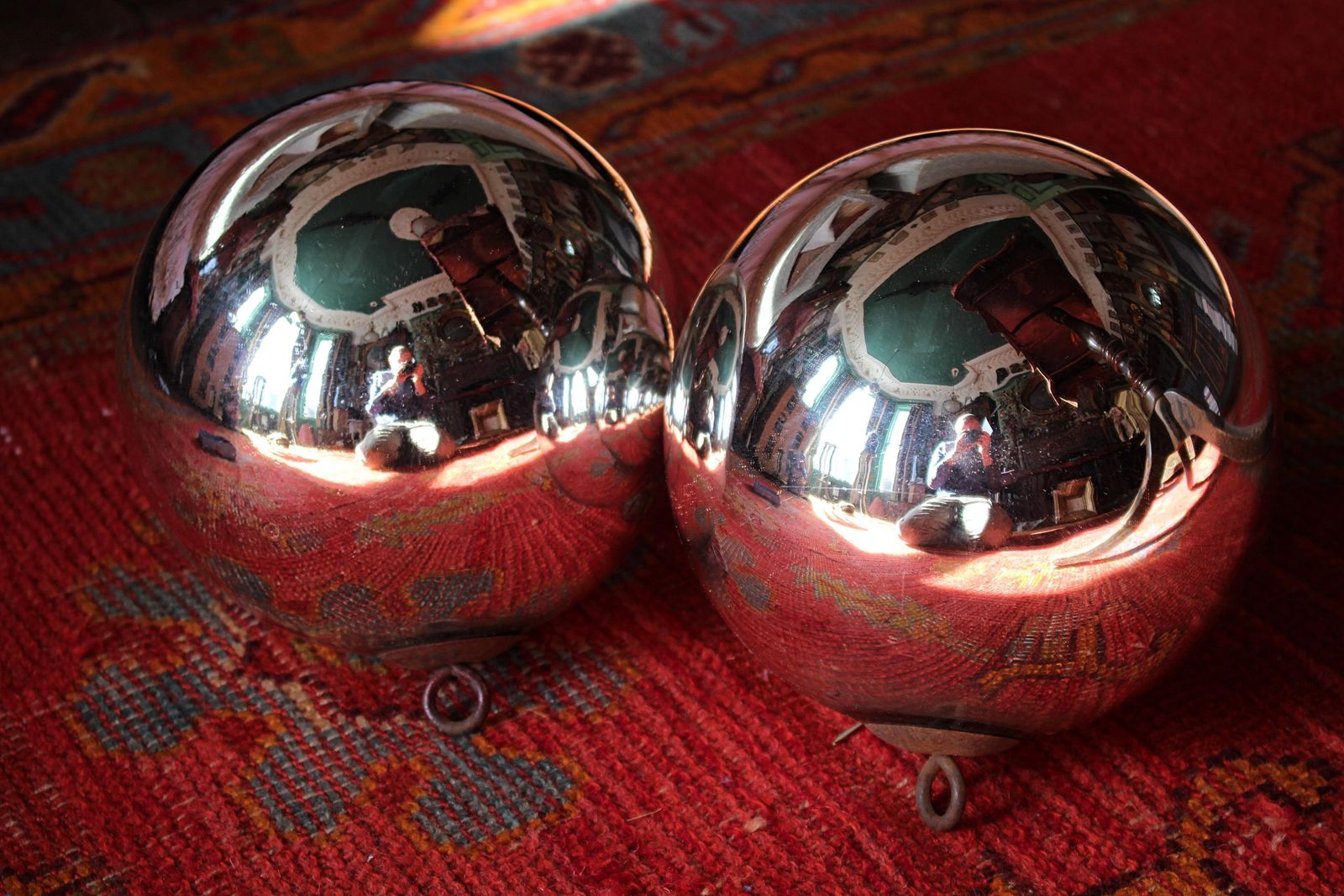 Early 20th Century Pair Of Mirror Witches Balls On Bronze Stands photo vinterior