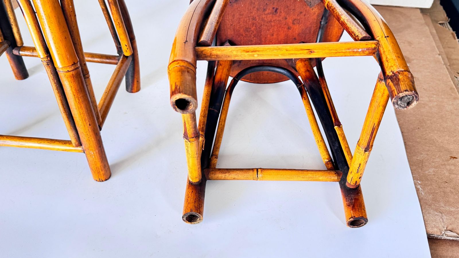 Pair Of 1950s French Riviera Stools, Woven Rattan And Bamboo, Vibrant Geometric photo Furniture