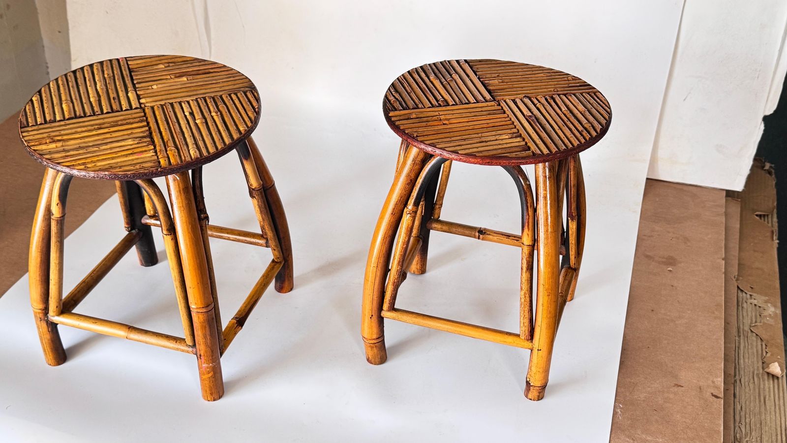 photo buy Pair Of 1950s French Riviera Stools, Woven Rattan And Bamboo, Vibrant Geometric