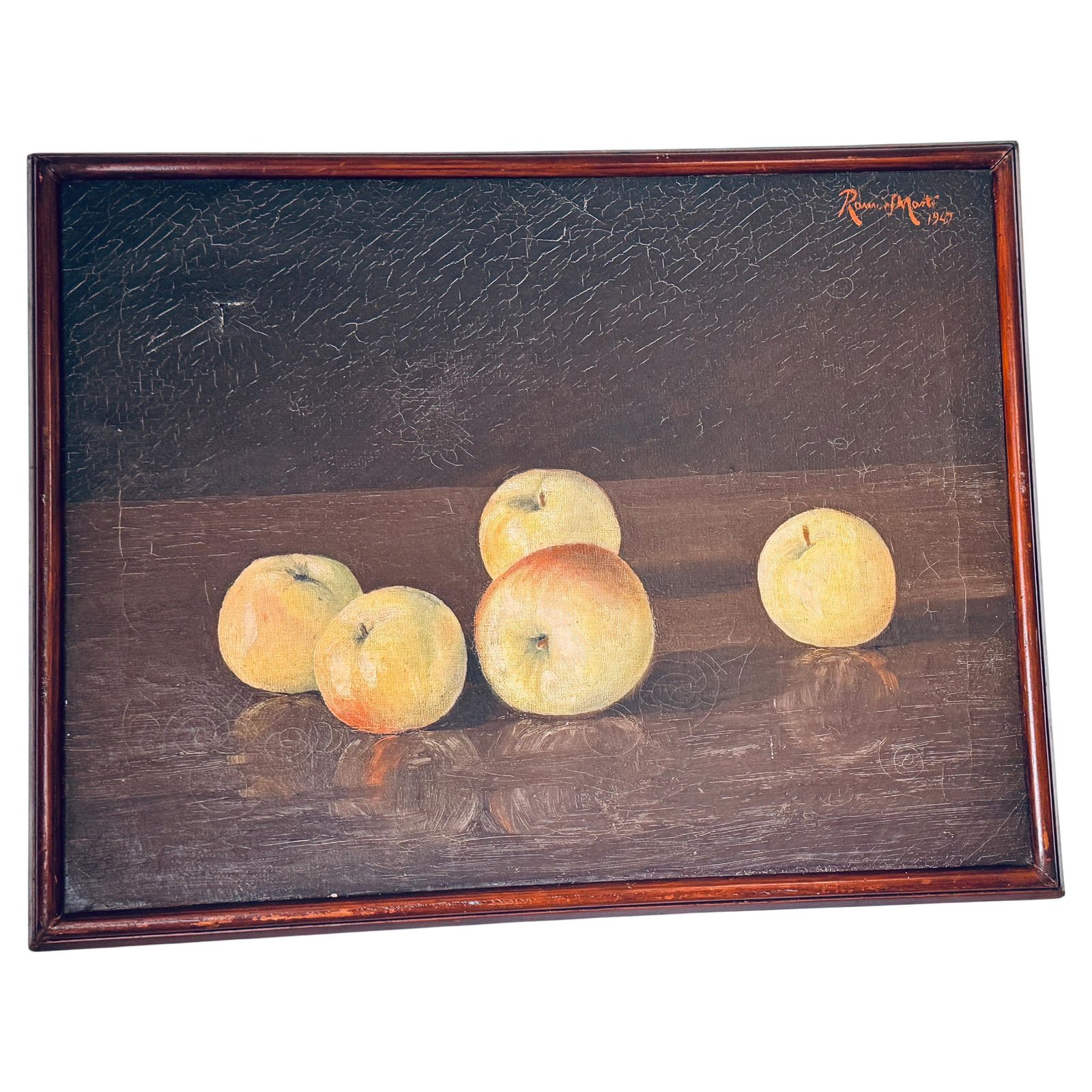 Still Life Oil On Canvas: Apples With Light And Shadow, Dark Wood Frame