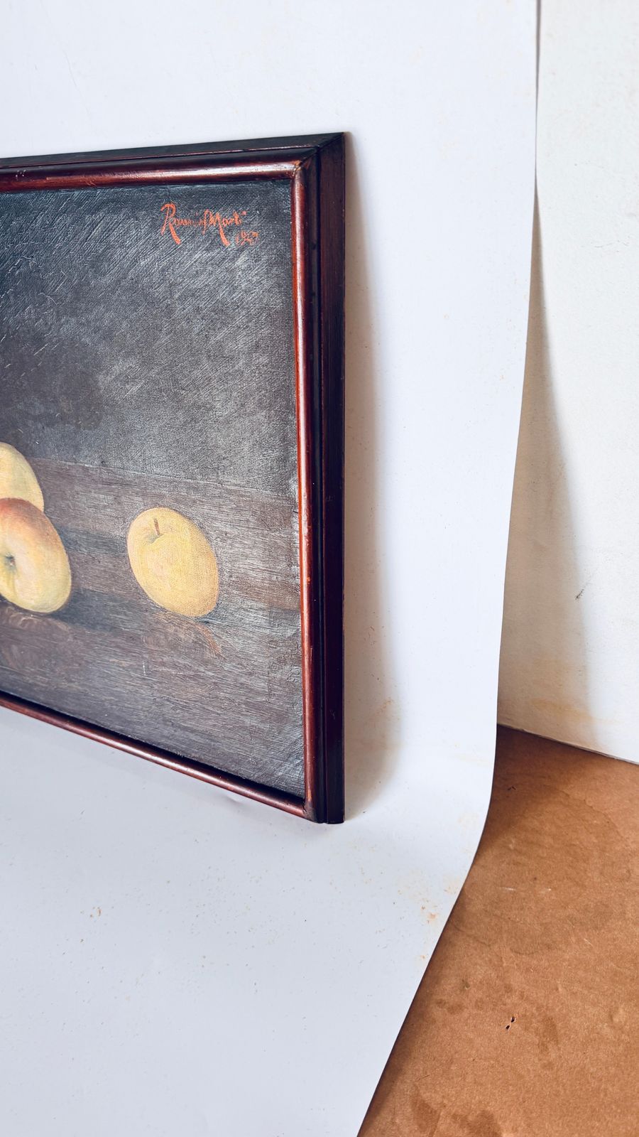 Still Life Oil On Canvas: Apples With Light And Shadow, Dark Wood Frame photo for sale
