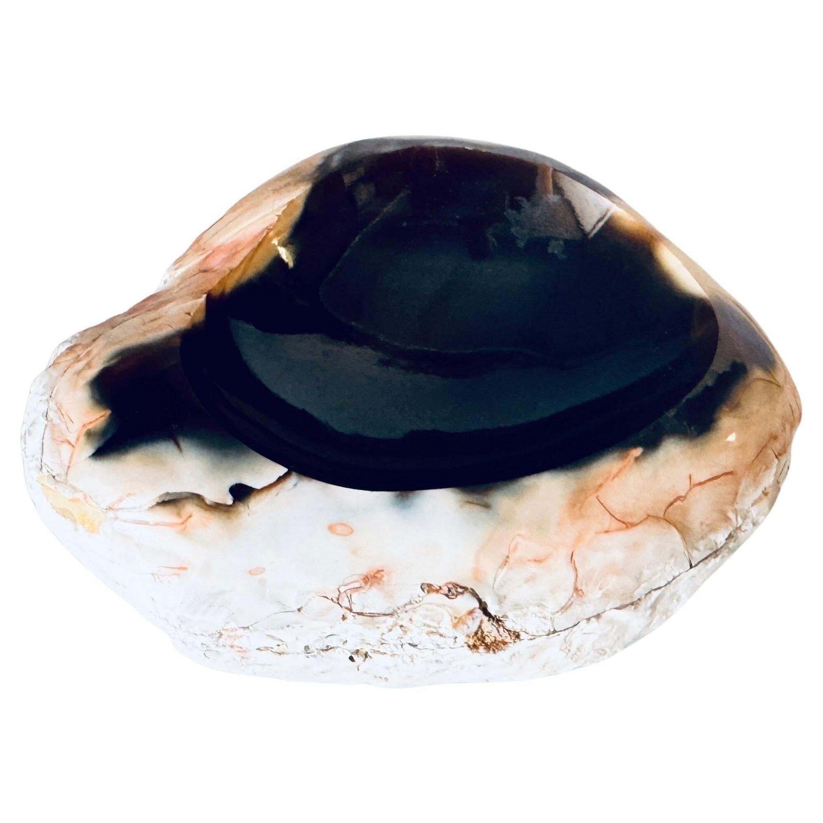 1960s Italian Freeform Onyx Ashtray, Polished Stone With Dark Brown White Pink