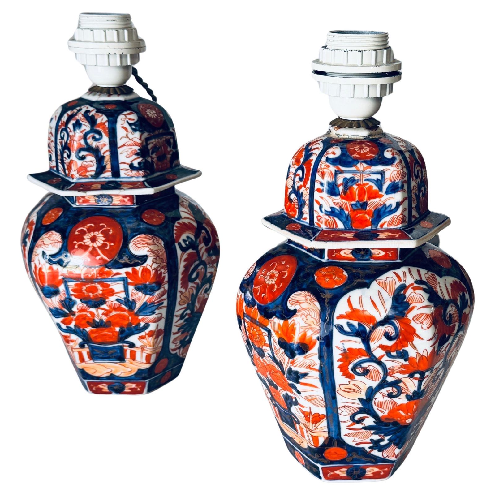 Pair Of Early 20th Century Japanese Table Lamps, Floral Motifs, Orange And Blue