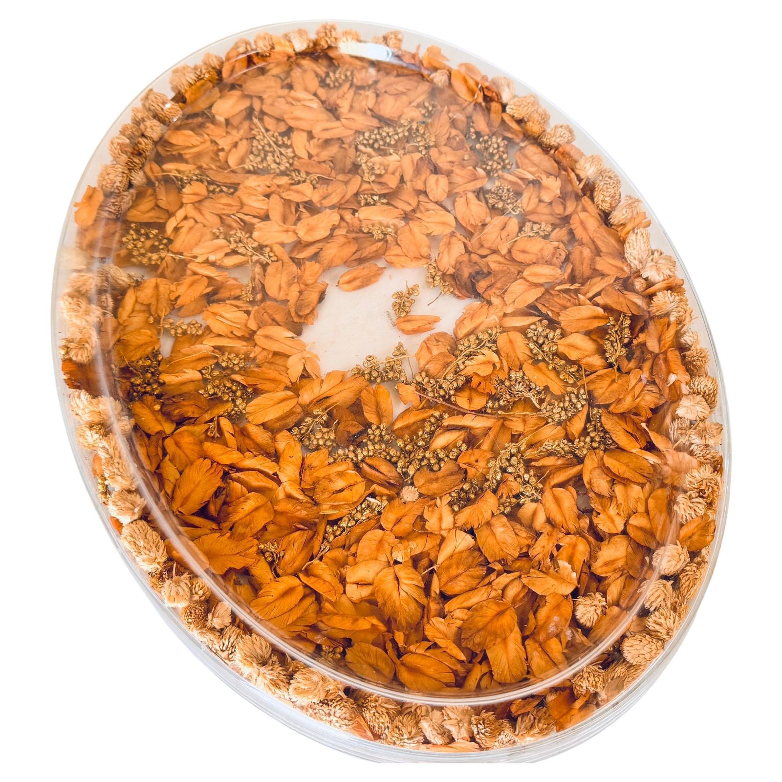 1970s Asian Hard Plastic Tray With Embedded Dried Flowers And Leaves, Oval Shape