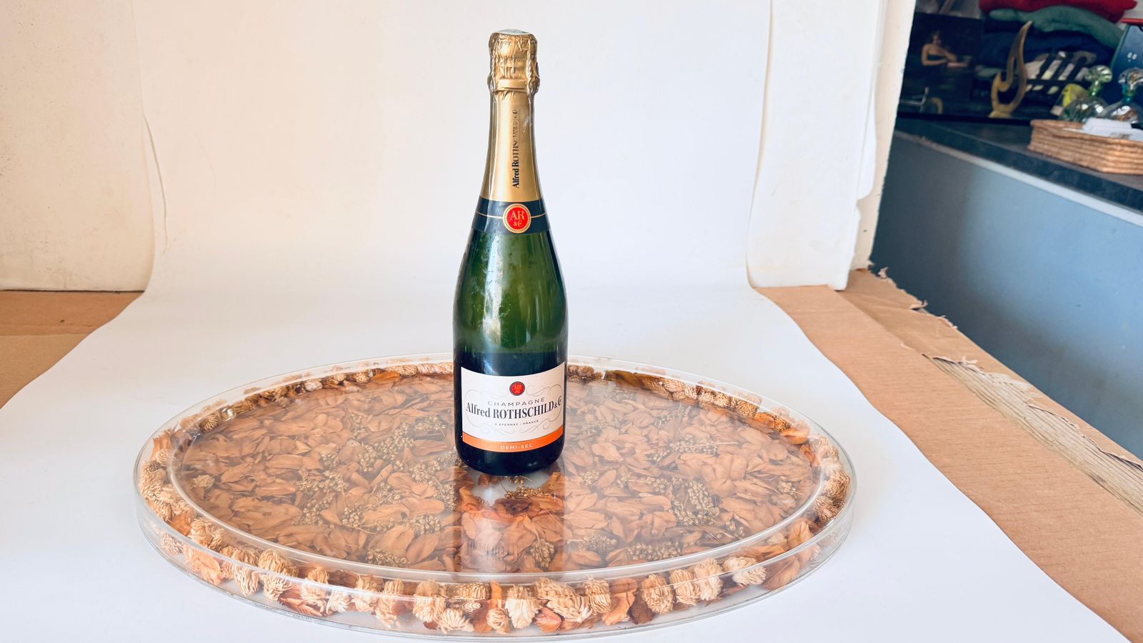 1970s Asian Hard Plastic Tray With Embedded Dried Flowers And Leaves, Oval Shape photo furniture