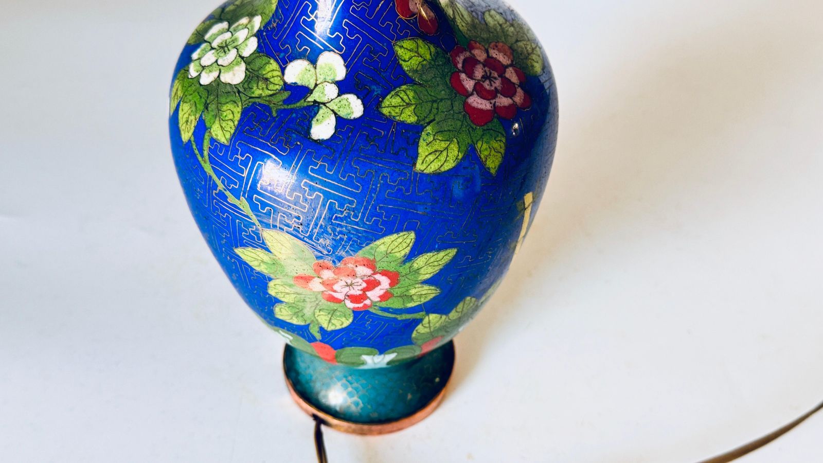 Early 20th Century Chinese Cloisonné Table Lamp, Floral Motifs, Brass Accents photo buy
