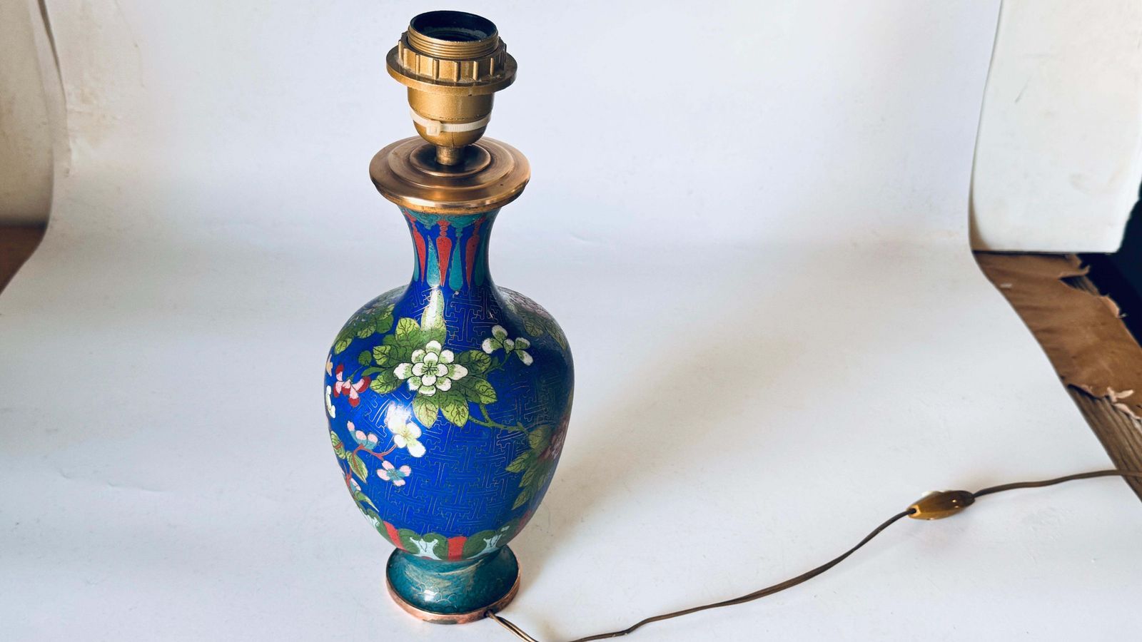 photo furniture Early 20th Century Chinese Cloisonné Table Lamp, Floral Motifs, Brass Accents