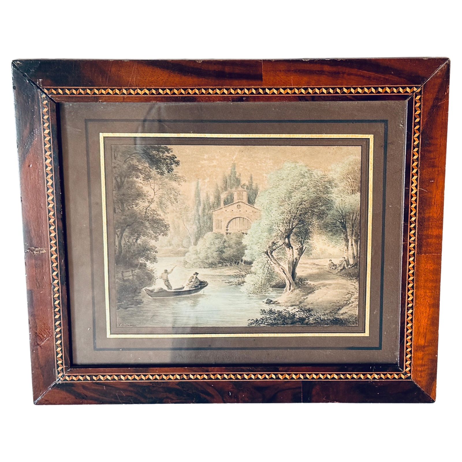 19th Century Watercolor By Claude Thiénon – River Scene With Boat And Church