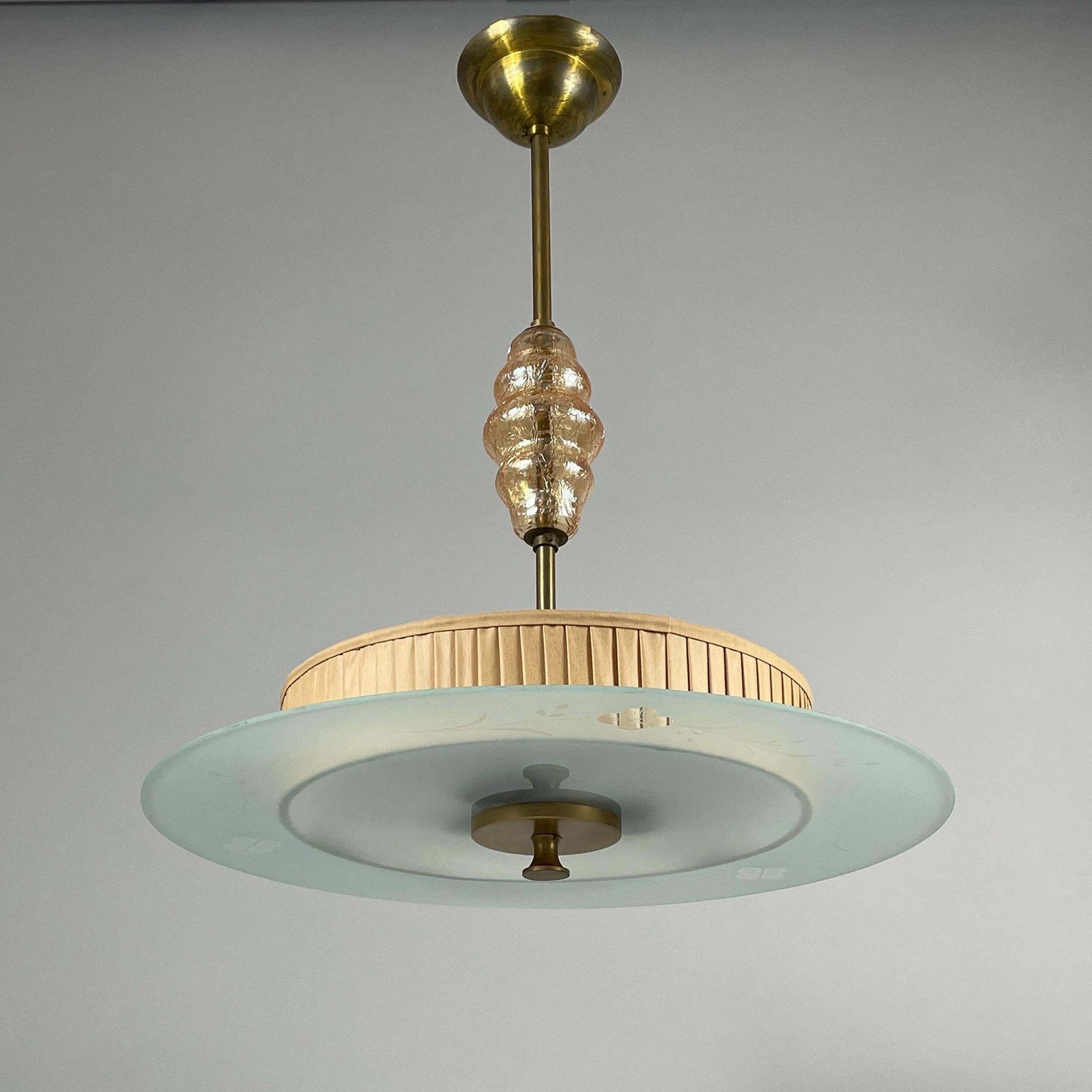 Art Deco Glass, Brass & Fabric Pendant, Sweden 1930s photo for sale