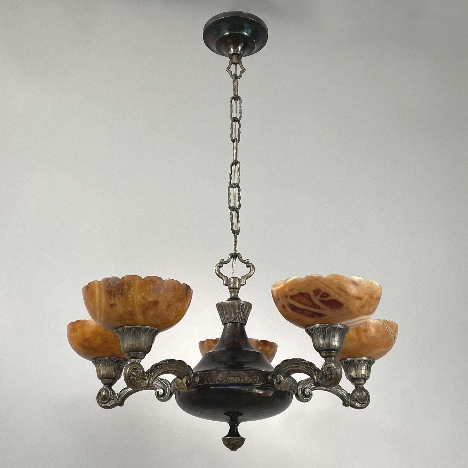 Nickel Plated Brass & Alabaster 5 Light Chandelier, Sweden 1920s To 1930s photo furniture
