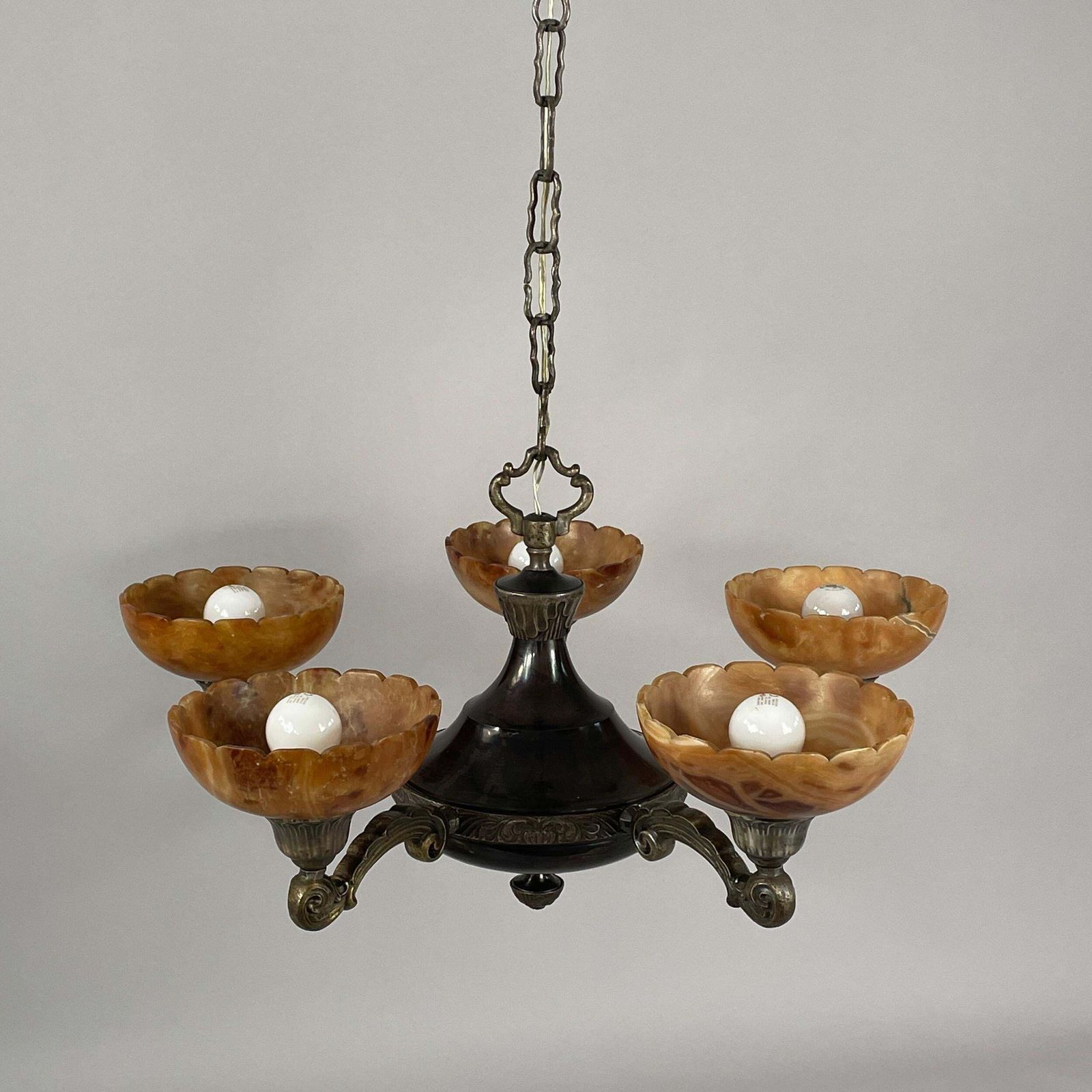 Nickel Plated Brass & Alabaster 5 Light Chandelier, Sweden 1920s To 1930s photo vintage