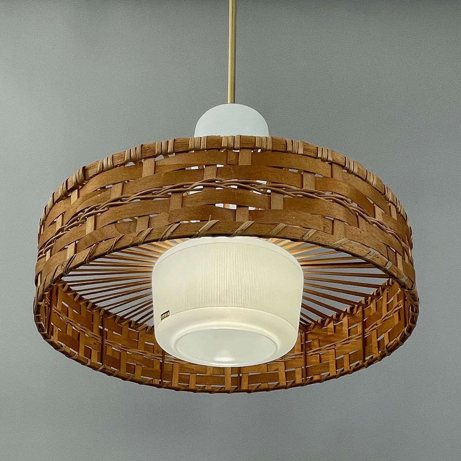 Rattan & Frosted Glass Pendant By Doria, Germany 1960s photo vintage