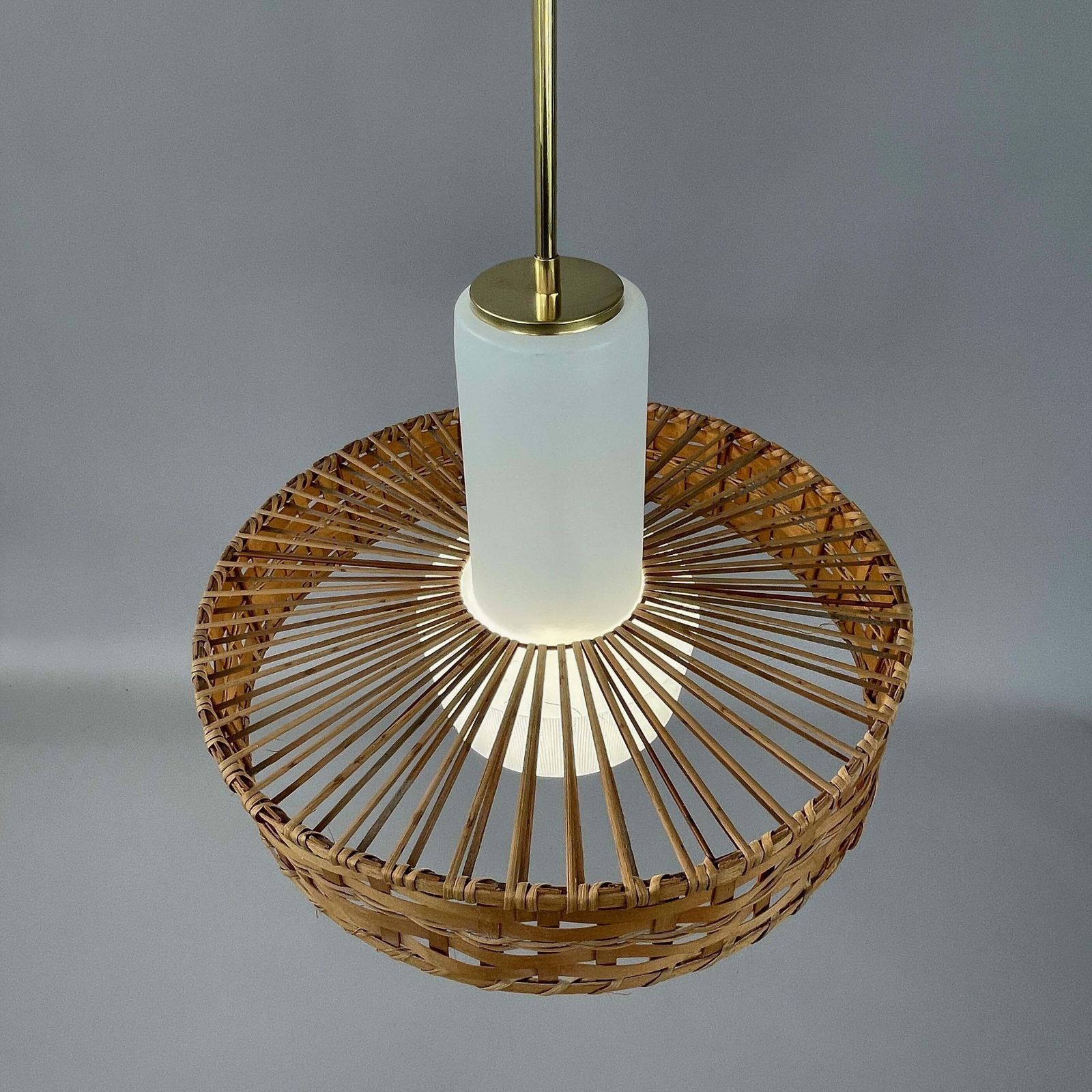 photo vinterior Rattan & Frosted Glass Pendant By Doria, Germany 1960s