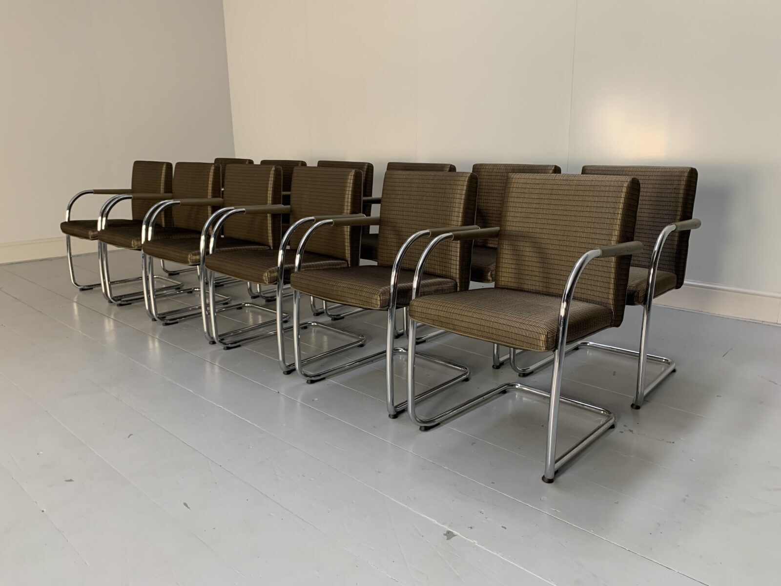 12 Vitra “Visasoft” Dining Meeting Chairs – In Gold Fabric & Leather
