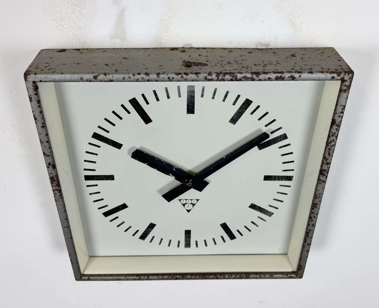 photo furniture Grey Rusty Industrial Square Wall Clock From Pragotron, 1970s