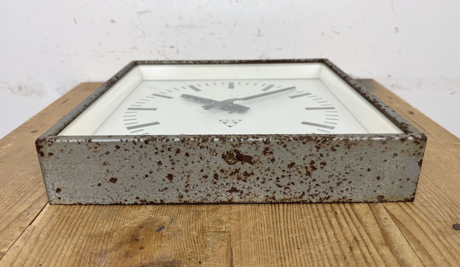 photo for sale Grey Rusty Industrial Square Wall Clock From Pragotron, 1970s