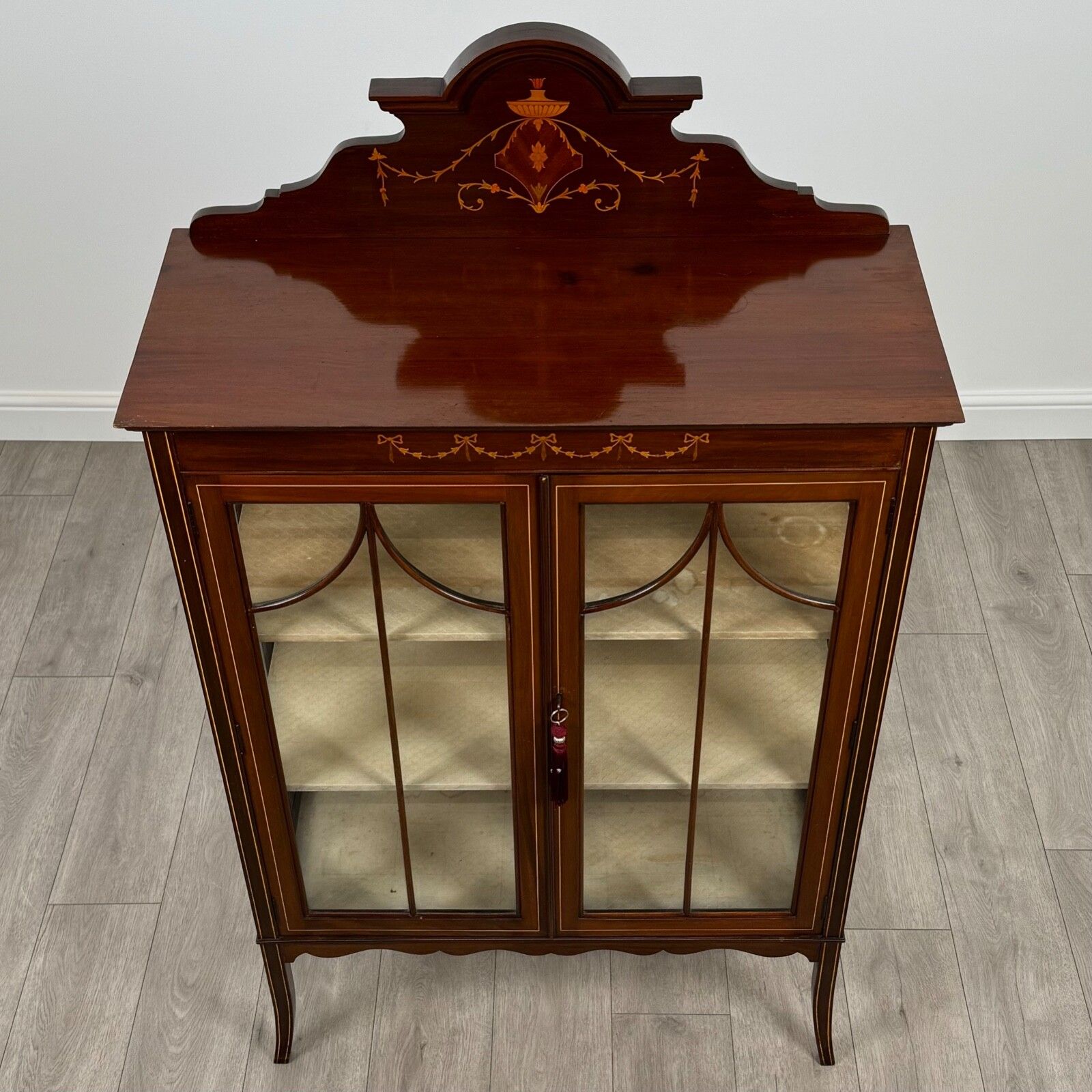 photo for sale Antique 20th Century Inlaid Display Cabinet In Mahogany