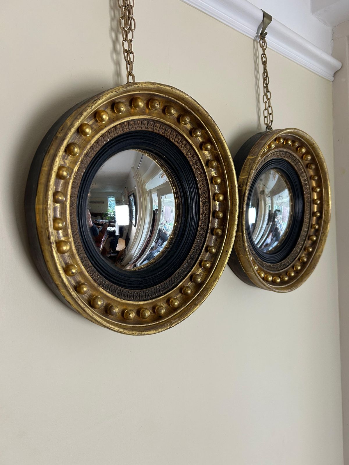 Antique Pair Of English Regency Gilt Convex Mirrors photo furniture