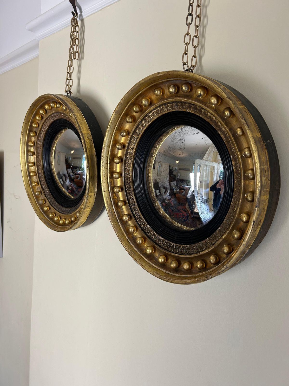 Antique Pair Of English Regency Gilt Convex Mirrors photo for sale