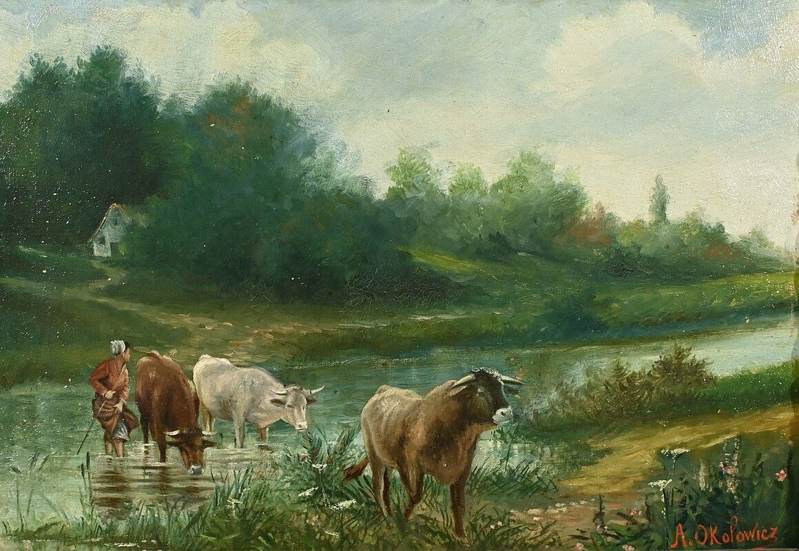 Oil On Canvas “Pastures” By N. Okolowicz – Early 20th Century photo Art