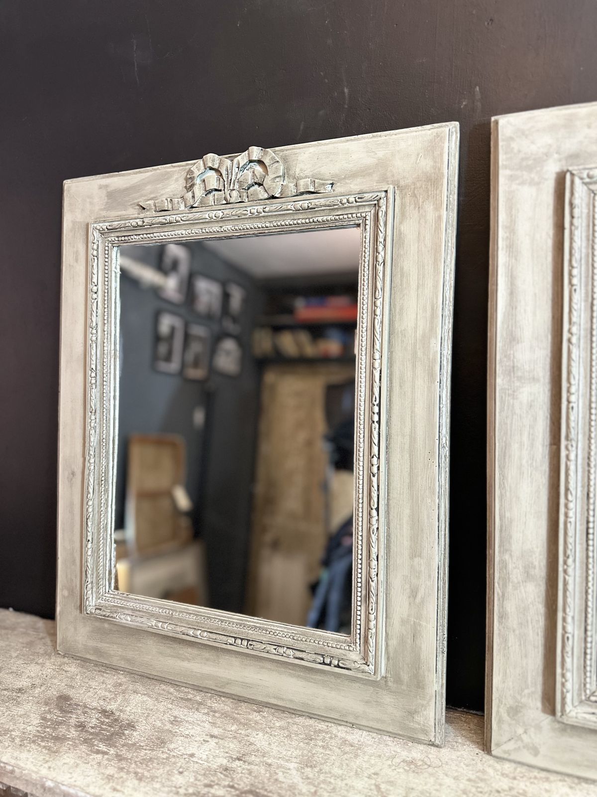 photo for sale Really Pretty Pair Of Painted French Wall Mirrors – Soft ‘Eau De Nil’ With Dark Wax