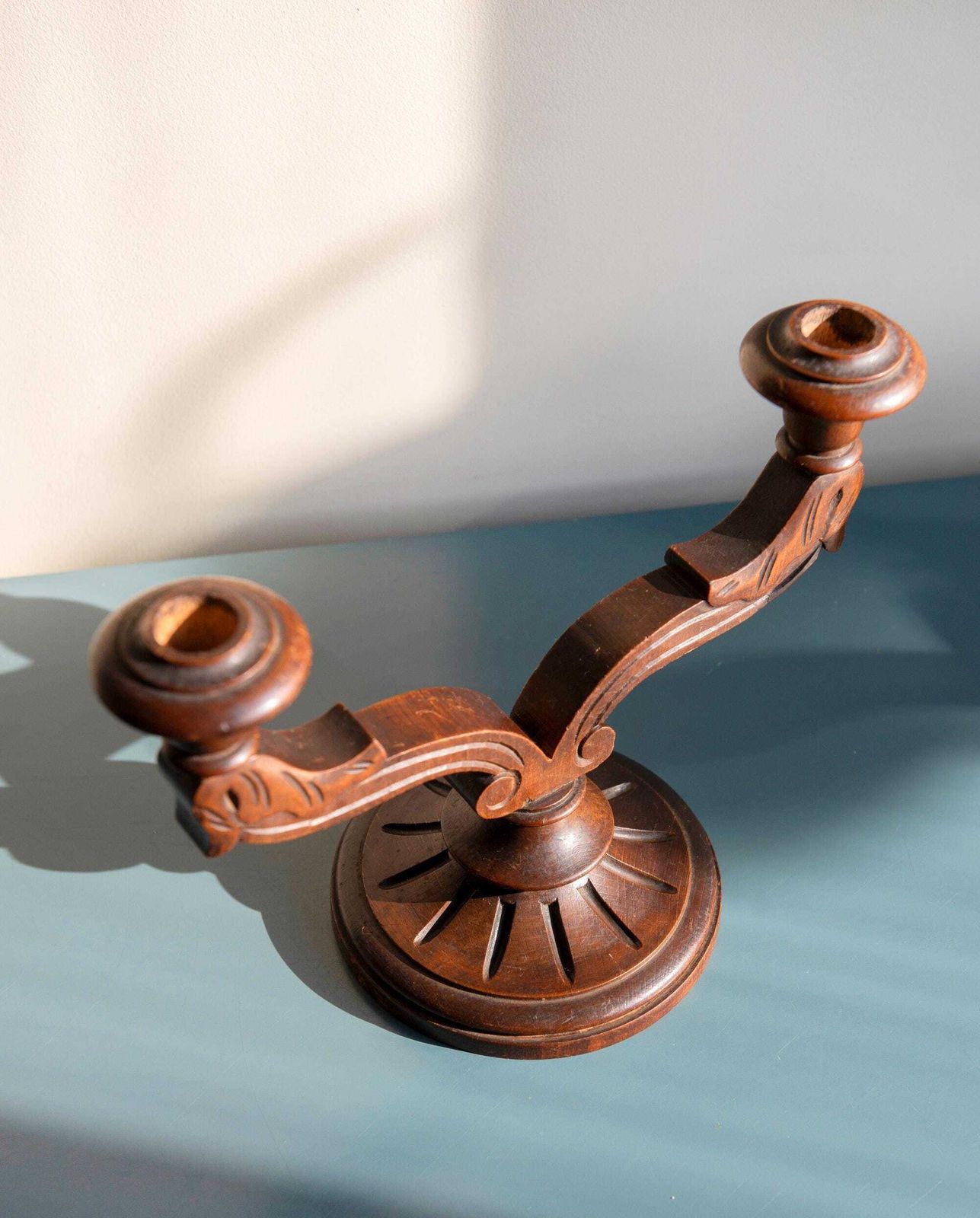 Two Art Deco Candle Holders, Antique Oak Wooden Candlesticks, Victorian Two Arm Candle Stand Pair, Art Deco Home Decor photo 140.0