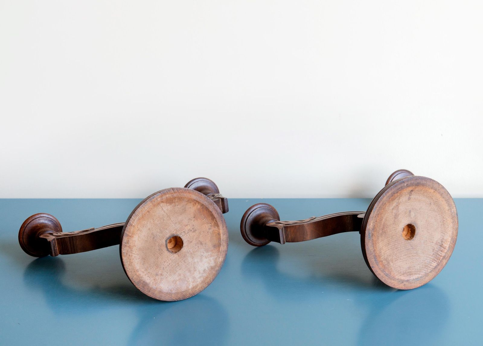 Two Art Deco Candle Holders, Antique Oak Wooden Candlesticks, Victorian Two Arm Candle Stand Pair, Art Deco Home Decor photo buy