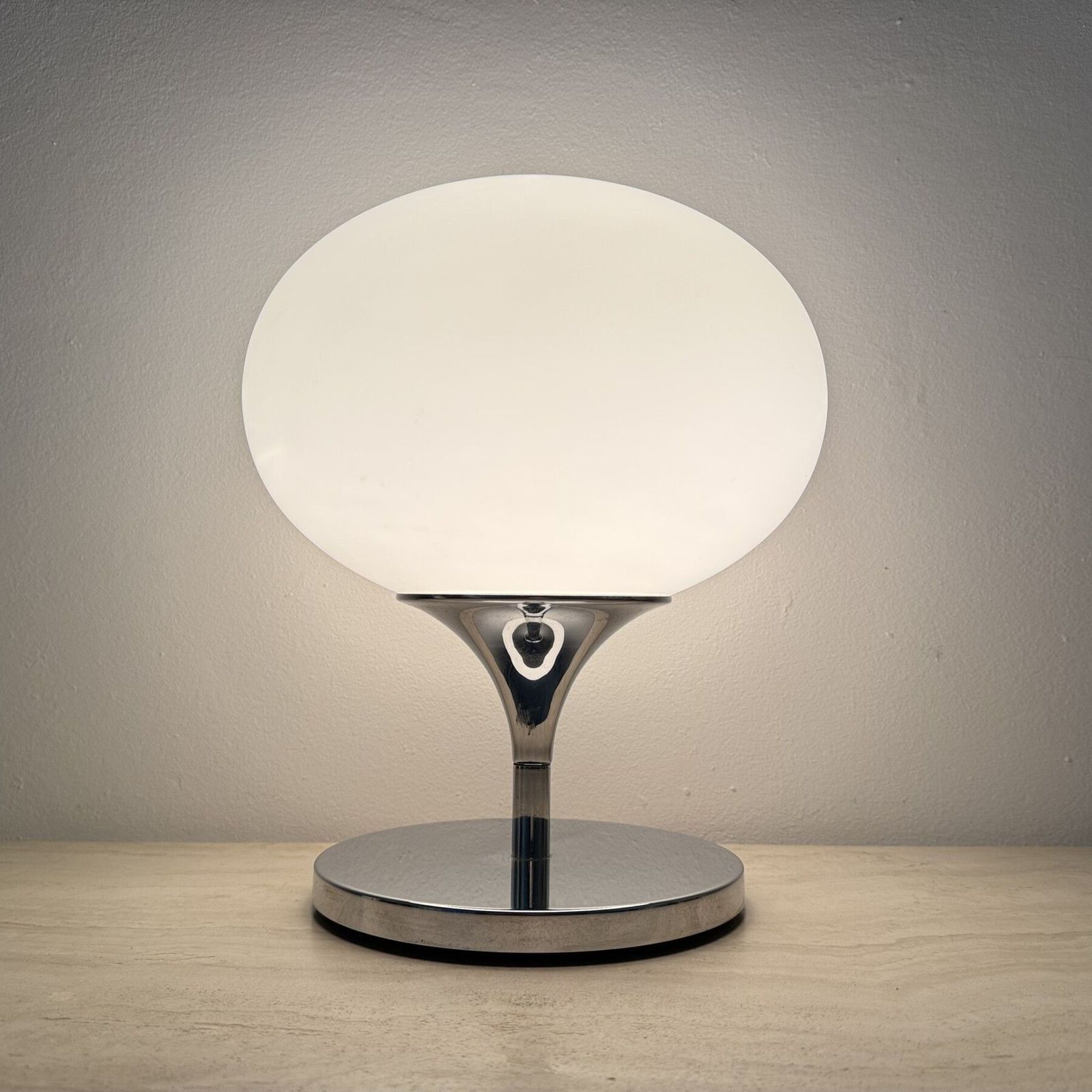 Opaline Glass Chromed Steel & Cast Iron Space Age Lamp By Kaiser Leuchten, 1970’s photo furniture