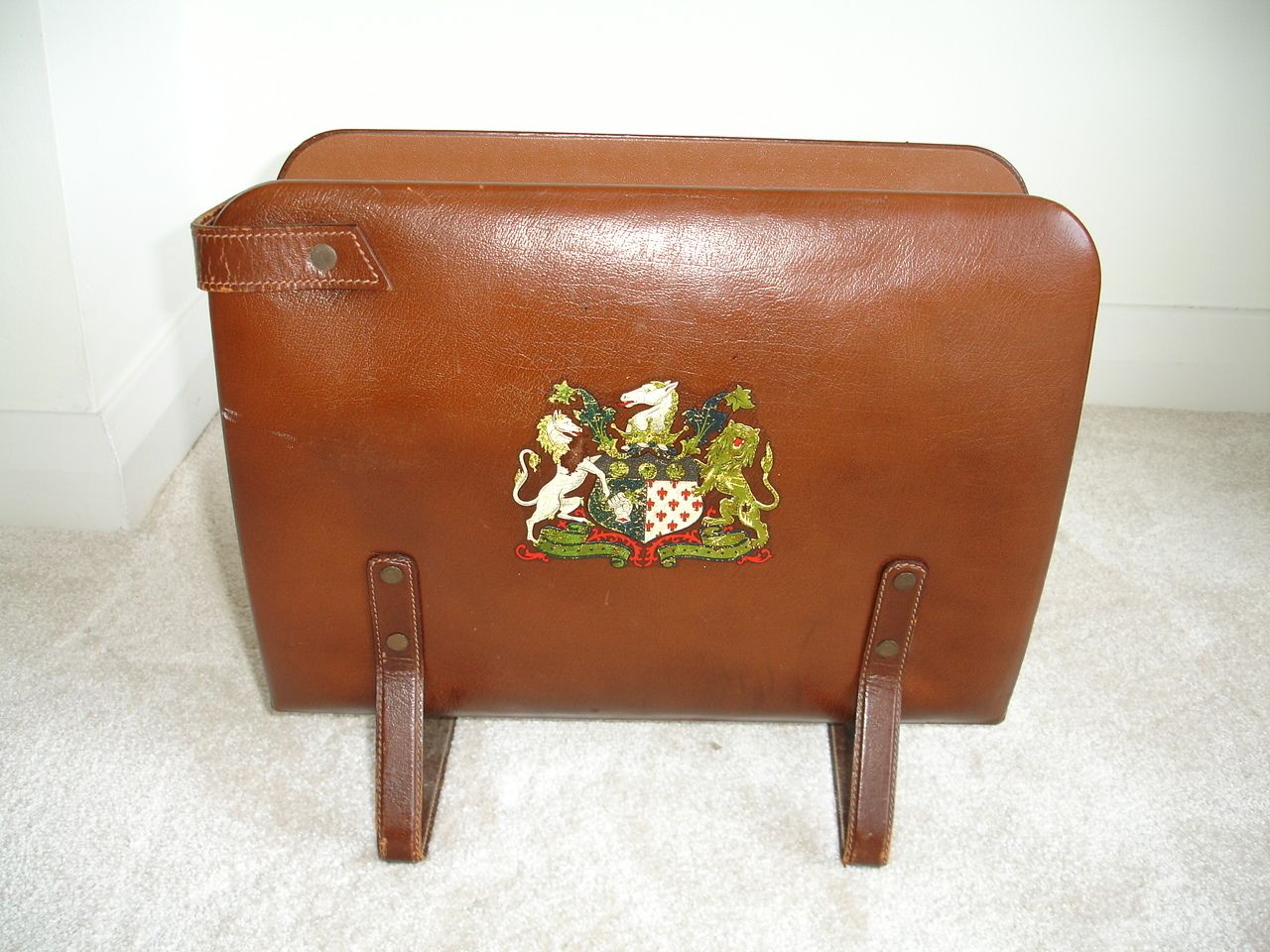 Leather Magazine Holder Heraldic Lion Rampant And Unicorn Newspaper Basket With Carry Handle photo vintage