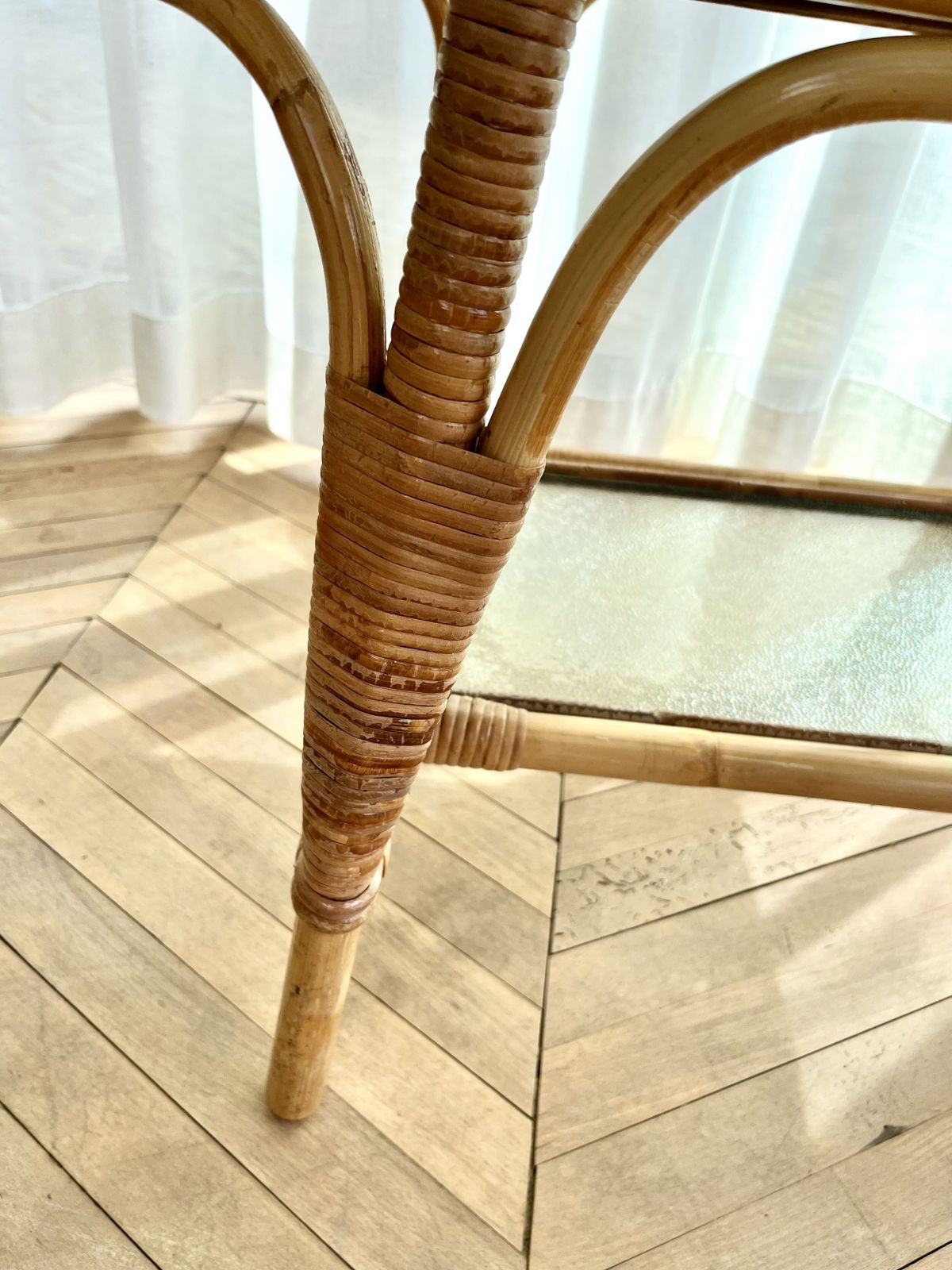 Vintage Bamboo, Cane & Mottled Glass Two Tier Oval Coffee Table photo vintage