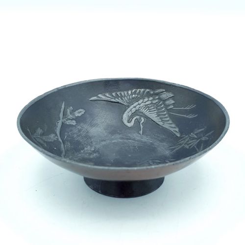 Japanese Metal Bowl Small Crane Turtle Meiji Taisho Hand Engraved Artisan Rare photo buy