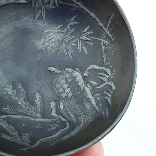 photo vinterior Japanese Metal Bowl Small Crane Turtle Meiji Taisho Hand Engraved Artisan Rare