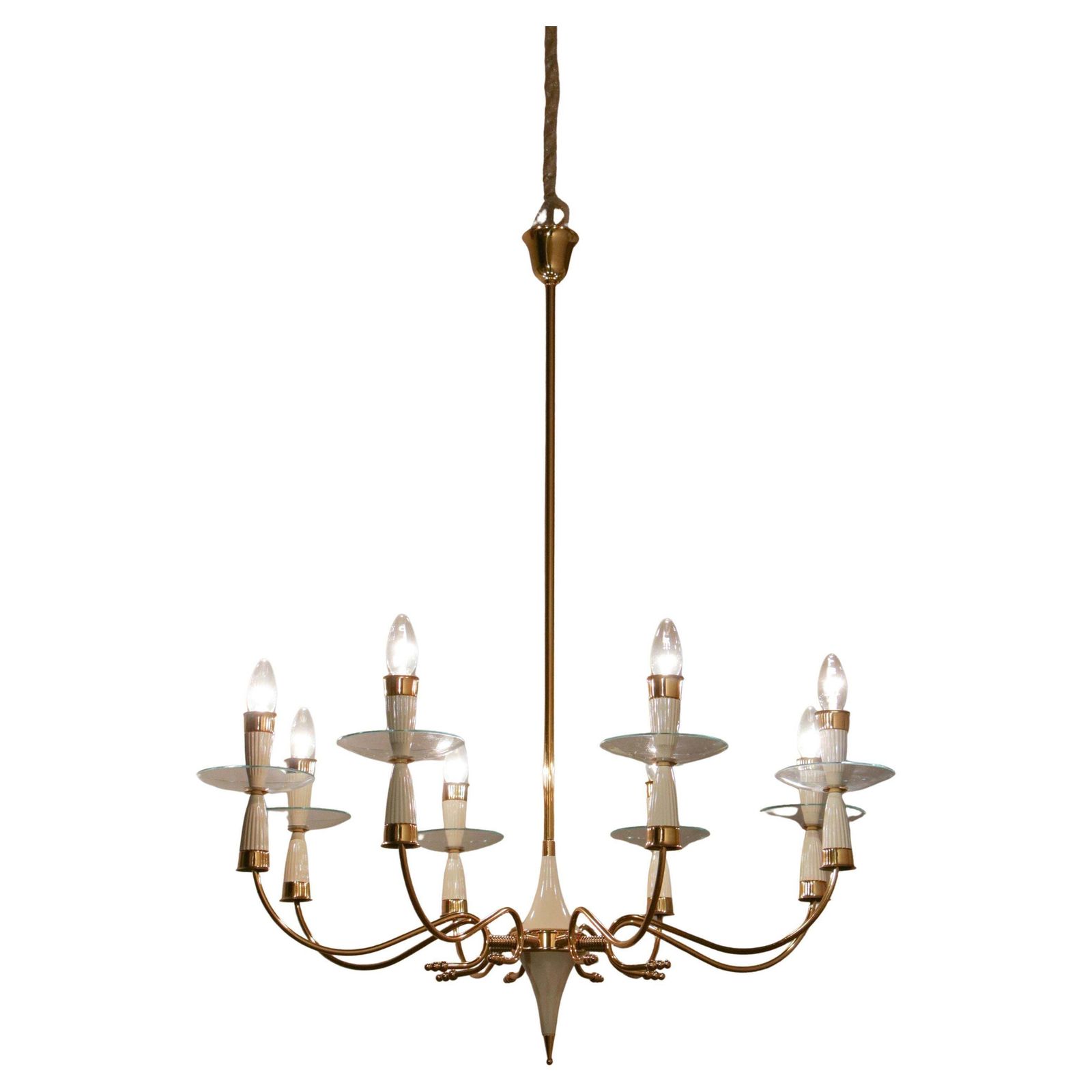 Italian Midcentury Chandelier, 8 Lights, Gold, Ivory Color, Fontana Arte Style