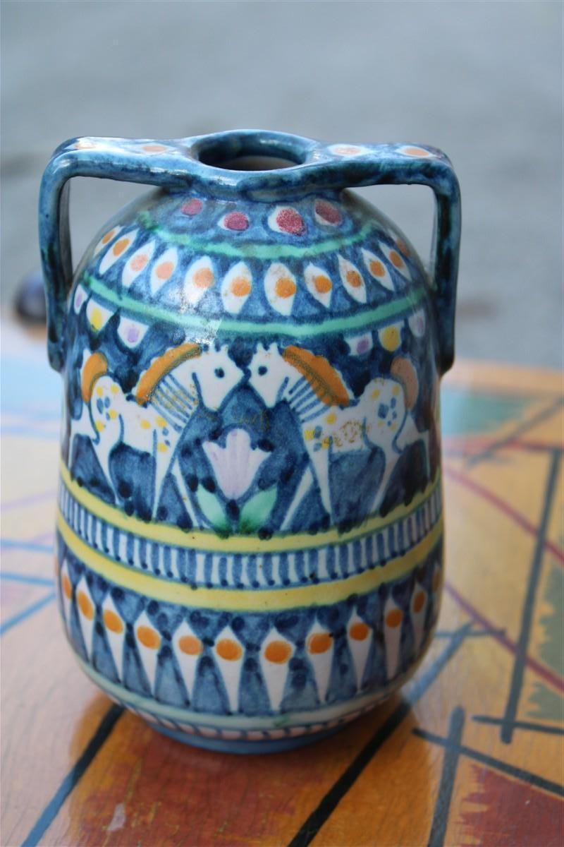 Small Vase In Blue With Horses Avallone Vietri Mid Century Italian Design photo for sale